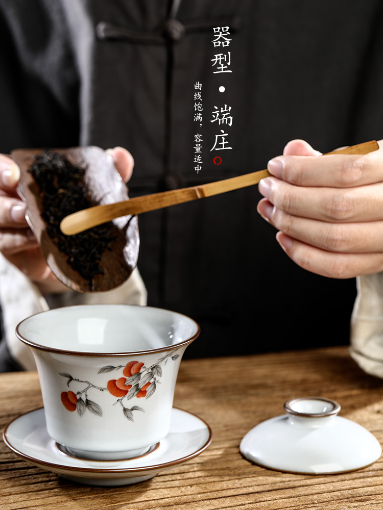 Pure manual your up was three to make tea tureen tea art jingdezhen hand - made persimmon ruyi hot kung fu tea bowls