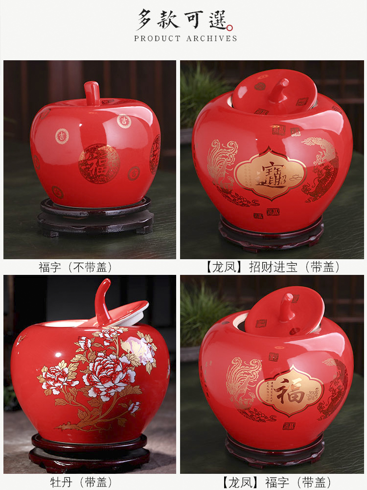 Jingdezhen ceramics red apple storage tank of Chinese style household adornment handicraft furnishing articles wedding gift sitting room