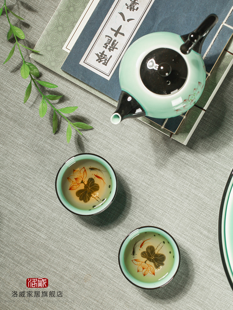 Kung fu tea set home office tea kettle celadon porcelain lotus jingdezhen hand - made tea tea table