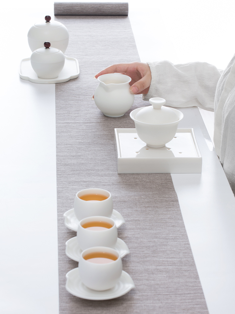 And creation of dehua white porcelain hand - made kung fu tea set suit household contracted tureen tea cups 9 piece combination
