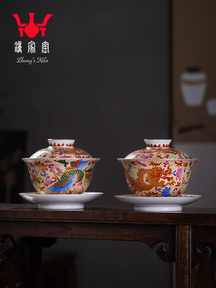 Clock at jingdezhen up tureen single wire inlay enamel see colour longfeng grain size three tureen tea bowl cups