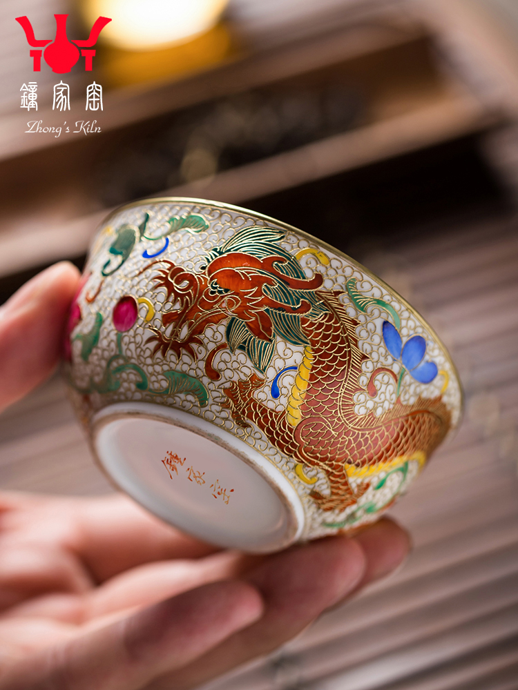 Clock home trade, one cup of single CPU dragon grain checking ceramic hand - made wire inlay enamel cups individual male tea cup