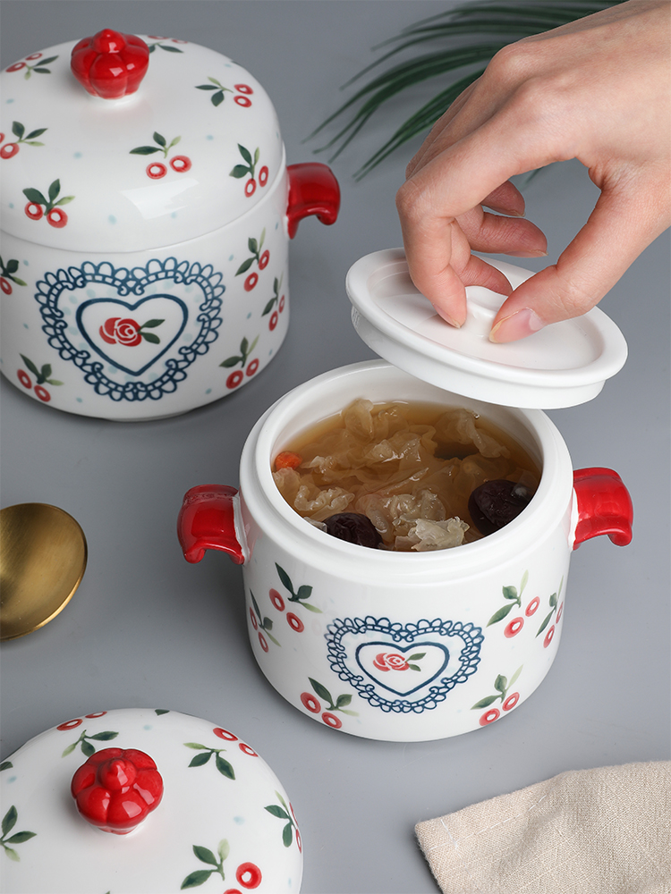 Japanese cherry ceramic water tank cup with cover ears stew stewed bird 's nest steamed egg cup home sweet soup cup bowl