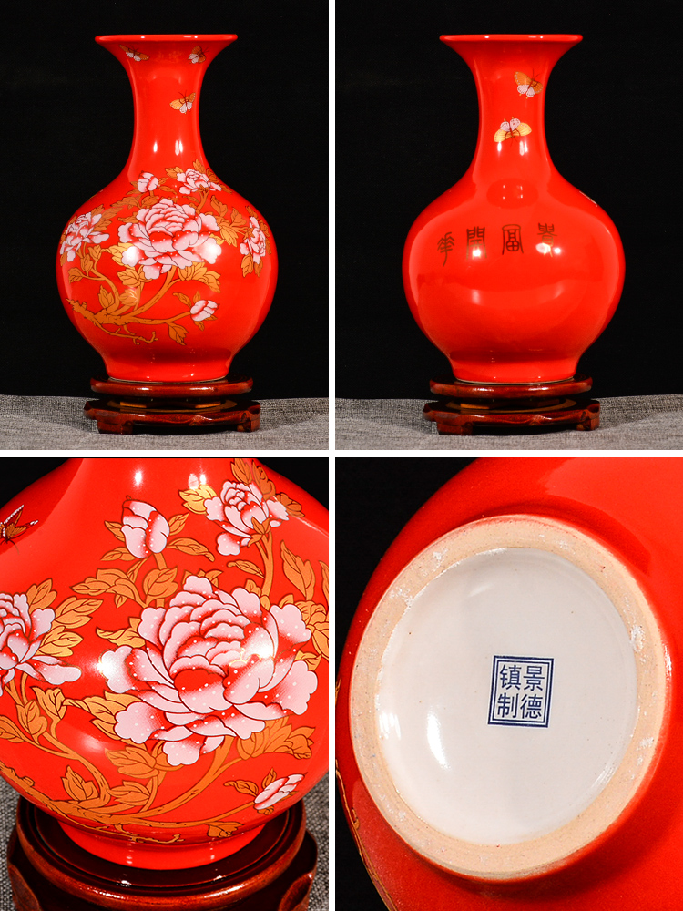 Jingdezhen ceramics floret bottle China red furnishing articles sitting room flower arranging marriage festival of Chinese style household ornaments