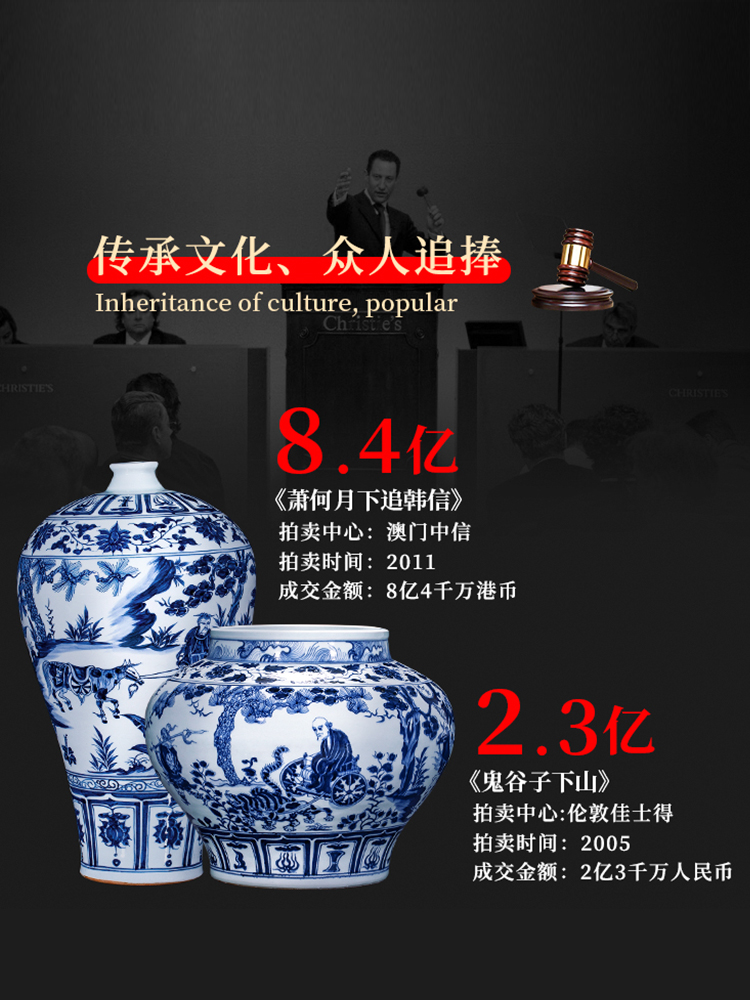 Jingdezhen porcelain vases, antique hand - made imitation of yuan blue and white guiguzi down big pot sitting room adornment is placed