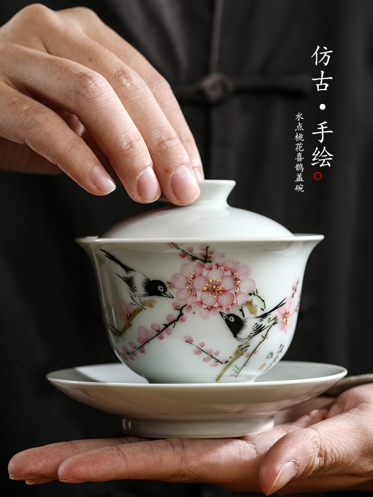 Jingdezhen pure manual only three tureen Xu Jiaxing hand - made points peach blossom put tea bowl of hot water large - sized kung fu tea set