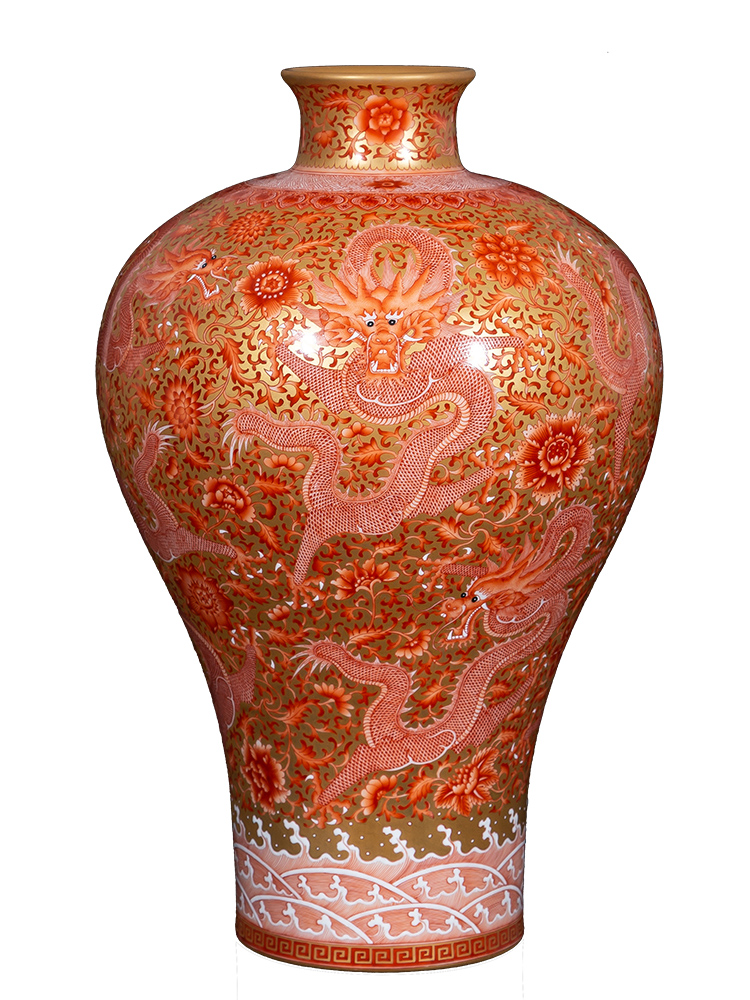 Jia lage jingdezhen ceramic vase furnishing articles YangShiQi archaize depict coral red dragon grain mei bottle of pure gold