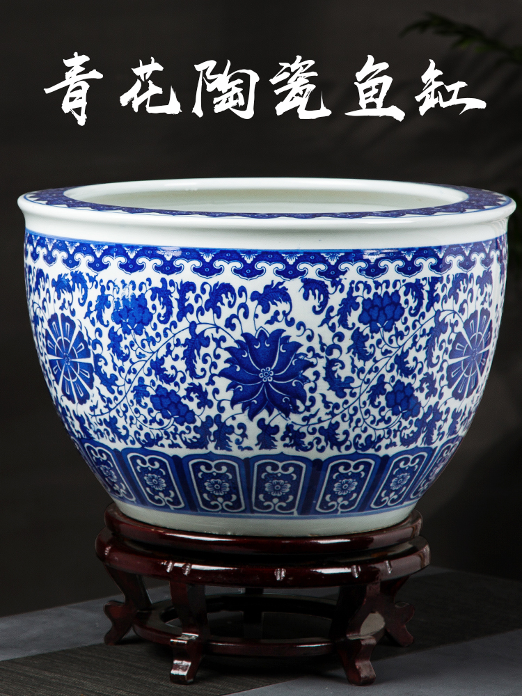 Jingdezhen blue and white ceramics oversized tank lotus garden trees flowers potted is suing ground garden furnishing articles