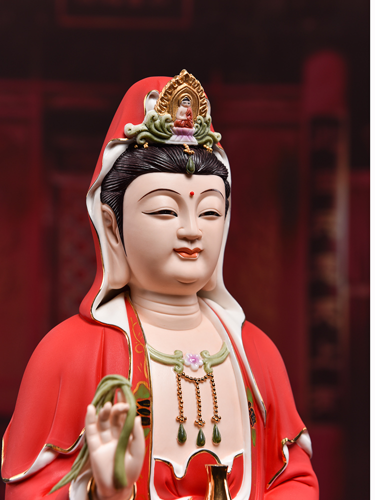 Yutang dai ceramic guanyin bodhisattva figure of Buddha enshrined furnishing articles home red color lotus goddess of mercy as a smiling face