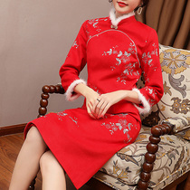 Improved cheongsam young Chinese style girl long retro temperament slim autumn and winter wool dress
