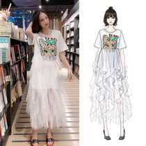 Korean summer short-sleeved schoolgirl loose pleated fairy skirt dress Super fairy long skirt over the knee skirt