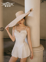 White cute lace swimsuit conservative sling hot spring Super fairy lace beauty back belly skirt one-piece swimsuit women