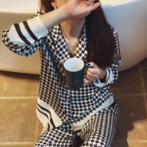 Pajamas can be worn out in summer thin houndstooth ice silk long-sleeved pajama suit female net red high-grade can be worn out