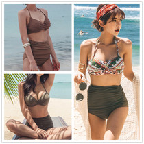 Korean swimsuit female size chest steel bracket gathered sexy three-point bikini net red high waist belly cover hot spring swimsuit