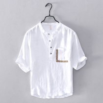 Summer small clear new cover head short sleeve linen shirt for men casual upright collar loose white half sleeve cotton linen lining