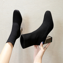 Mid-tube boots womens 2020 new autumn and winter elastic wool needle socks boots single boots Korean version of wild high-heeled boots thick heel
