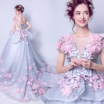 Goddess Faner blue flowers bride wedding toast dress art examination performance catwalk tail wedding dress wholesale