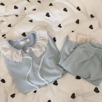 THREEPIG court Princess cute lace edge home woman blue home clothing pajamas long sleeve trousers