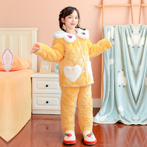 Childrens home conserved triple laminated cotton thickened 2021 Winter girls flannel pyjamas pyjamas warm suit