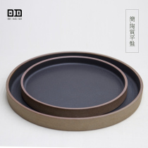 Sanzhai home food utensils black and white simple coarse pottery cake tray handmade dry bubble tea tray dried fruit tray flat dish plate
