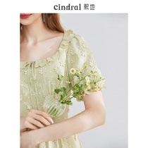 Xi Lands 2022 Summer new green Lions dress Women sweet and beautiful bubble sleeves Thin Little Sub style Dont make a dress