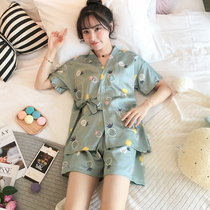 Kimono pajamas womens summer ice thin Korean silk lady short sleeve set fresh student casual home wear