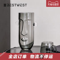 BEST WEST Creative Face Glass Vase Hem designer Living room transparent illustrator Vase Decorations Light Lavish
