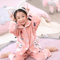  Childrens pajamas girls flannel winter thickened section to keep warm middle and large children little girls coral velvet princess autumn and winter section