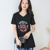 Short sleeve T-shirt female loose size womens coat womens summer 2020 new Korean version of long print T-shirt Black