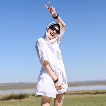 Outdoor new womens hooded sunscreen clothing thin and breathable elastic quick-drying sports long skin windbreaker tide
