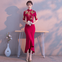 Bridal toast dress cheongsam red 2021 new Chinese style fish tail Chinese wedding dress skirt female long thin