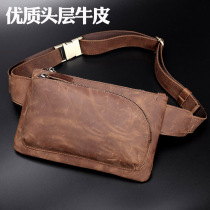 Leather mens fanny pack casual sports mobile phone bag retro first layer cowhide crazy horse leather chest bag multi-function messenger bag