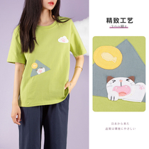 HIKOSEN carabat spring summer short sleeve womens top loose cartoon cat solid color Japanese ins style T-shirt