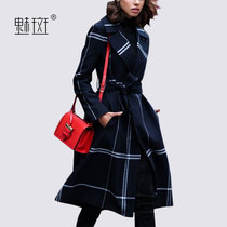 Charm spot suit collar plaid wool coat womens autumn and winter new waist thin middle and long European and American style coat