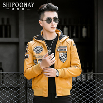 Haining first layer cowhide coat embroidered flight suit Leather jacket handsome hooded mens leather leather motorcycle suit men