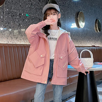 Girls hooded reflective trench coat 2021 spring and autumn clothes New Chinese children Foreign style casual coat childrens zipper coat