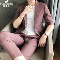 Fugui bird short sleeve striped western suit suit mens mid-sleeve jacket uppie handsome little Western-style male Korean version Chauded blouse summer