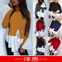 Ruffled high-necklong-sleevered T-shirto irregular top