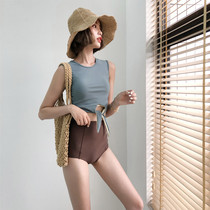 ins wind conservative sexy split bikini steel support small chest gathered high waist cover belly thin student swimsuit female