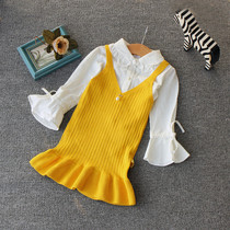 Spring and autumn new childrens clothing girl sweet nail sweater vest dress Korean childrens knitting shirt and tops tide