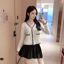 Vchy Autumn white small fragrant style top womens high waist short style with ice silk knitted cardigan thin short sleeve jacket
