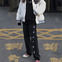 2022 Love Embroidered Jeans Womens Straight Loose Spring and Autumn High Waist Look Thin Versatile Tall Floor Mopping Wide Leg Pants