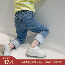 Little pudding baby baby childrens clothing 2021 New baby foreign style jeans children autumn dress loose girl Korean pants