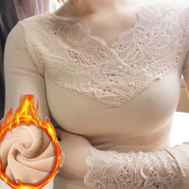 Winter warm underwear womens thick velvet cuffs Lace v-neck tight body base shirt Cotton autumn coat top