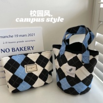 Campus style chic Korean style blue and black checkerboard canvas bag female large capacity shoulder bag student portable cross bag bag
