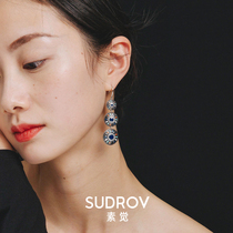 Sterling silver cloisonne retro earrings design sense niche Baroque ethnic earrings female long exaggerated earrings