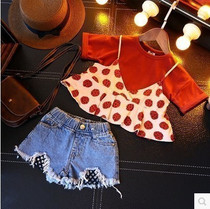 2021 summer new girl retro short sleeve T-shirt strawberry skirt side sling foreign style two-piece set 1112