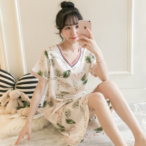 Bingsie's sleeping skirt woman summer thin V-collar sexy fresh student short-sleeved pajamas simulated silk Korean version of home clothes