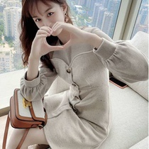 Autumn and winter dress 2020 new stitching fake two-piece single-breasted long-sleeved small fragrance age-reducing and thin womens skirt