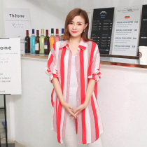 2022 new early spring and summer large size womens clothing 200 catties medium and long striped shirt sun protection clothing thin coat shirt